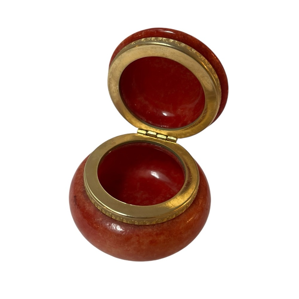 Genuine Red Alabaster Hand Carved Round Dresser Trinket Box, Made in Italy